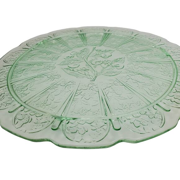Jeannette Glass Green Depression 3-Footed Cake Plate Cherry Blossom Pattern Vtg - Picture 6 of 13